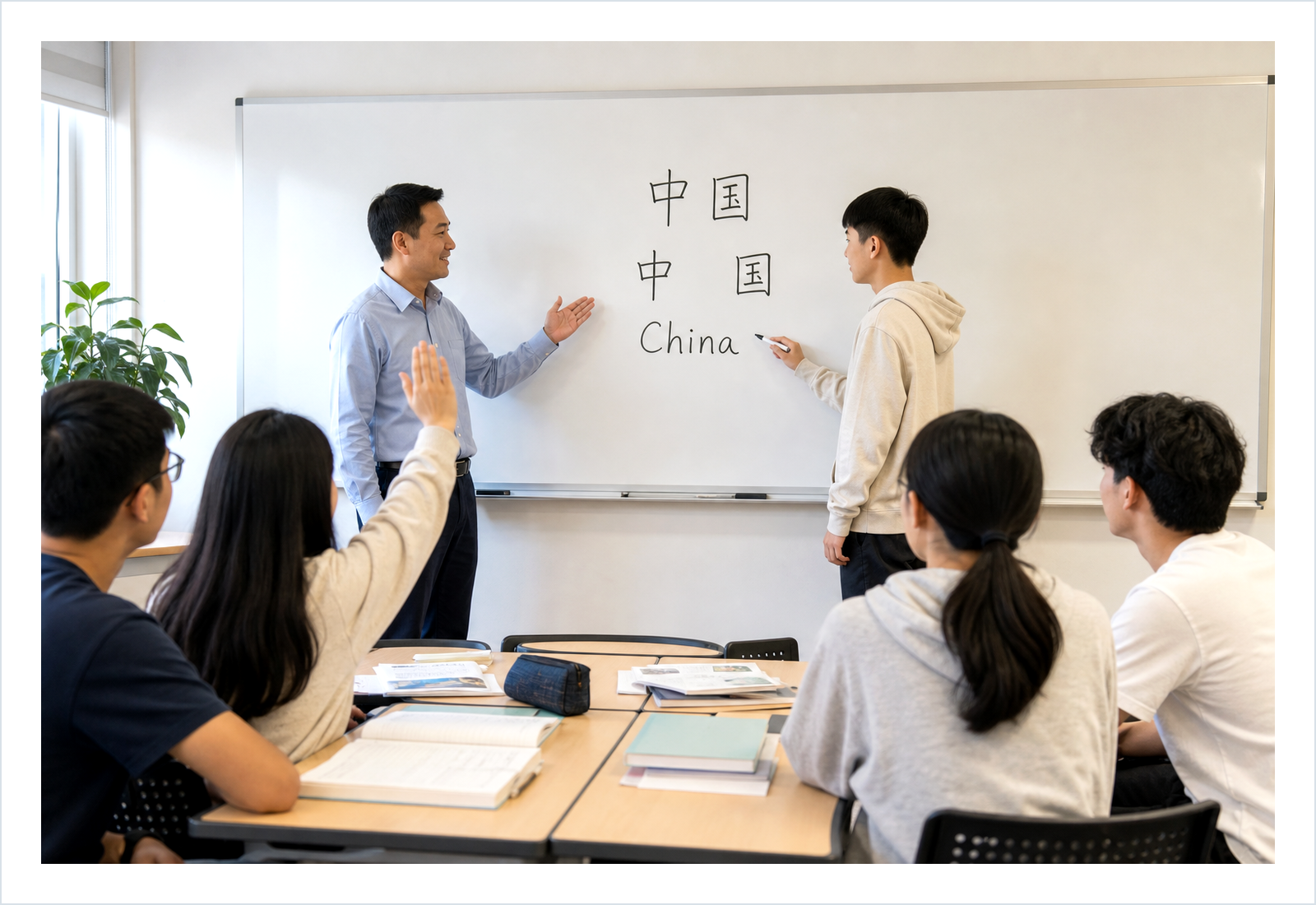 口头表达图片：中文课堂里，老师和学生在白板前学习中国、China等词语。